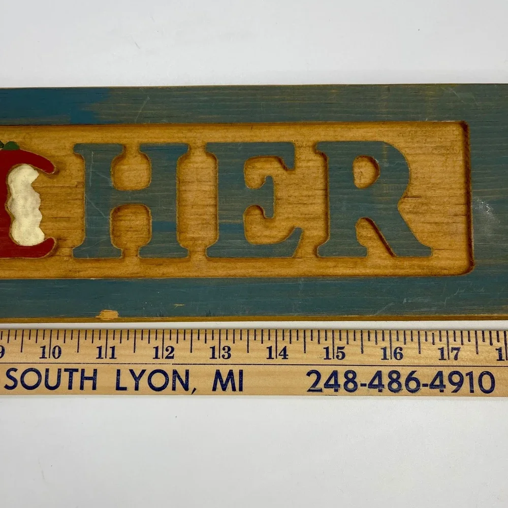 Rustic Wood Carved Teacher Wall Sign Plaque Apple Accent Distressed Teal 18 Inch
